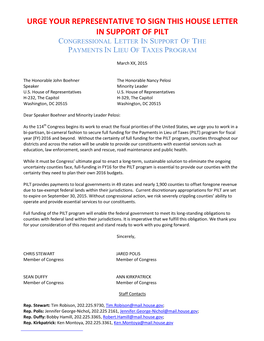 Urge Your Representative to Sign This House Letter in Support of Pilt Congressional Letter in Support of the Payments in Lieu of Taxes Program