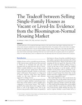 The Tradeoff Between Selling Single-Family Houses As Vacant Or Lived-In: Evidence from the Bloomington-Normal Housing Market