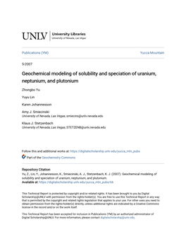 Geochemical Modeling of Solubility and Speciation of Uranium, Neptunium, and Plutonium