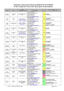 Calendrier (Saison 2014-2015) Des BREVETS De CHASSE Et Des Coupes De France SCC (Petit Gibier Et Grand Gibier)