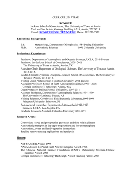 CURRICULUM VITAE RONG FU Jackson School of Geosciences, the University of Texas at Austin 23Rd and San Jacinto, Geology Building