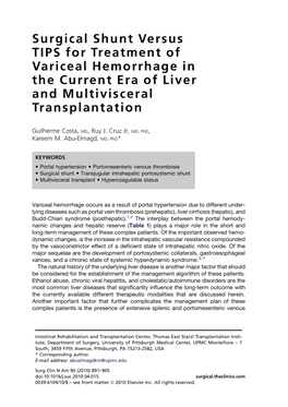 Surgical Shunt Versus TIPS for Treatment of Variceal Hemorrhage in the Current Era of Liver and Multivisceral Transplantation