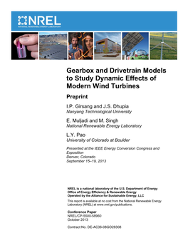 Gearbox and Drivetrain Models to Study Dynamic Effects of Modern Wind Turbines Preprint I.P