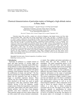 Chemical Characterization of Particulate Matter at Sinhagad, a High Altitude Station in Pune, India