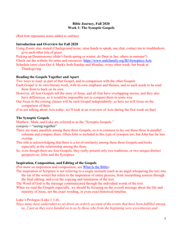 1 Bible Journey, Fall 2020 Week 1: the Synoptic Gospels (Red Font