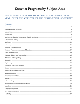 Summer Programs by Subject Area