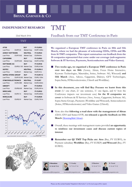 TMT 22Nd March 2016 Feedback from Our TMT Conference in Paris TMT