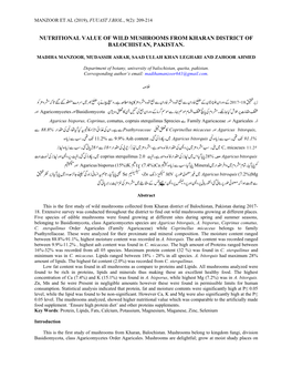 Nutritional Value of Wild Mushrooms from Kharan District of Balochistan, Pakistan