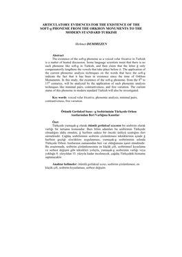 ARTICULATORY EVIDENCES for the EXISTENCE of the SOFT-G PHONEME from the ORKHON MONUMENTS to the MODERN STANDARD TURKISH