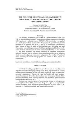 The Influence of Spinosad and Azadirachtin on Beneficial Fauna Naturally Occurring on Cabbage Crops