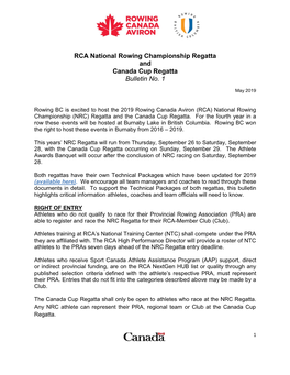 RCA National Rowing Championship Regatta and Canada Cup Regatta Bulletin No
