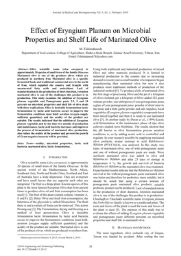 Effect of Eryngium Planum on Microbial Properties and Shelf Life of Marinated Olive