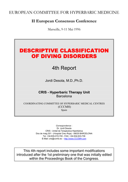 DESCRIPTIVE CLASSIFICATION of DIVING DISORDERS 4Th Report