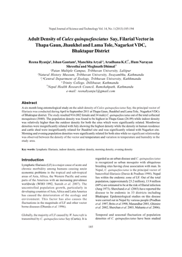 Adult Density of Culex Quinquefasciatus Say, Filarial Vector in Thapa Gaun, Jhaukhel and Lama Tole, Nagarkot VDC, Bhaktapur District