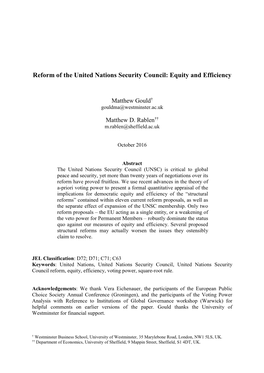 Reform of the United Nations Security Council: Equity and Efficiency