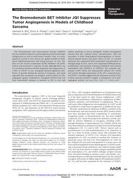 The Bromodomain BET Inhibitor JQ1 Suppresses Tumor Angiogenesis in Models of Childhood Sarcoma Hemant K