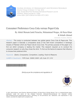 Consumer Preference Coca Cola Versus Pepsi-Cola
