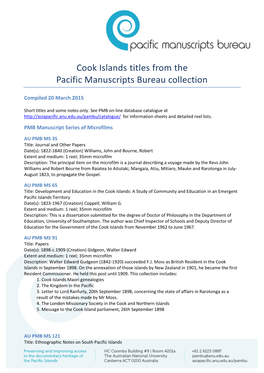 PMB Cook Islands Manuscripts Finding Aid (March 2015)