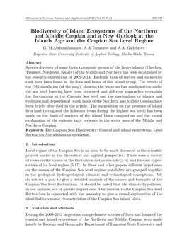 Biodiversity of Island Ecosystems of the Northern and Middle Caspian and a New Outlook at the Islands Age and the Caspian Sea Level Regime G