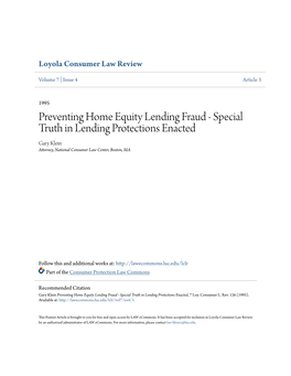Preventing Home Equity Lending Fraud - Special Truth in Lending Protections Enacted Gary Klein Attorney, National Consumer Law Center, Boston, MA