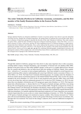 Porifera) in California: Taxonomy, Systematics, and the First Member of the Family Hemiasterellidae in the Eastern Pacific