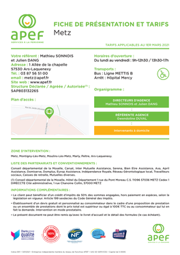 FICHE DE PRÉSENTATION ET TARIFS Metz