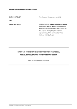 BEFORE the CANTERBURY REGIONAL COUNCIL in the MATTER of the Resource Management Act 1991 and in the MATTER of an Application By