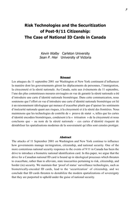 Risk Technologies and the Securitization of Post-9/11 Citizenship: the Case of National ID Cards in Canada