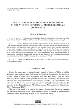 The Oldest Traces of Human Settlement in the Vicinity of Ulów in Middle Roztocze (SE Poland)