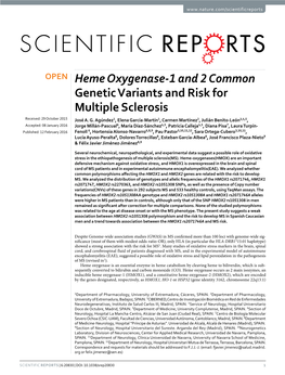 Heme Oxygenase-1 and 2 Common Genetic Variants and Risk for Multiple Sclerosis Received: 29 October 2015 José A