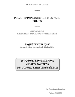 Rapport, Conclusions Et Avis Motives Du Commissaire