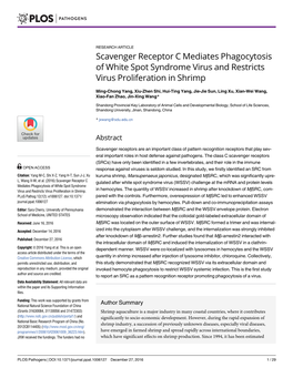 Scavenger Receptor C Mediates Phagocytosis of White Spot Syndrome Virus and Restricts Virus Proliferation in Shrimp