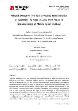 Mineral Extraction for Socio-Economic Transformation of Tanzania: the Need to Move from Papers to Implementation of Mining Policy and Law