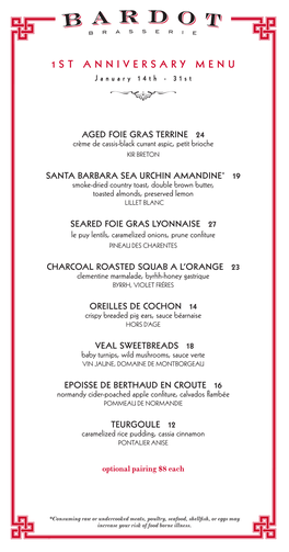 Aria Dining Events Bardot Anniversary Menu