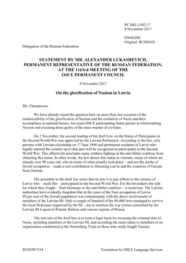 STATEMENT by MR. ALEXANDER LUKASHEVICH, PERMANENT REPRESENTATIVE of the RUSSIAN FEDERATION, at the 1163Rd MEETING of the OSCE PERMANENT COUNCIL