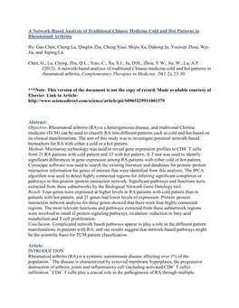 A Network-Based Analysis of Traditional Chinese Medicine Cold and Hot Patterns in Rheumatoid Arthritis