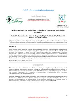 Design, Synthesis and Antioxidant Evaluation of Certain New Phthalazine Derivatives