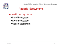 Aquatic Ecosystems Aquatic Ecosystems •Pond Ecosystem •River Ecosystem •Ocean Ecosystem