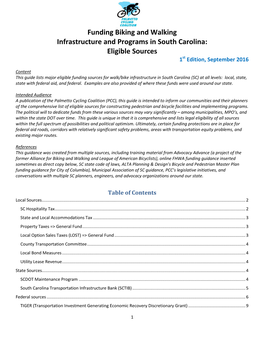 Funding Biking and Walking Infrastructure and Programs in South Carolina: Eligible Sources 1St Edition, September 2016