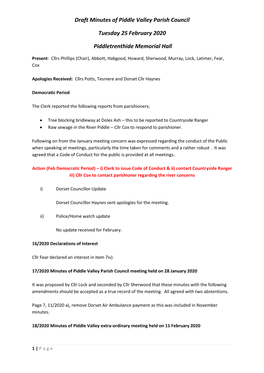 Draft Minutes of Piddle Valley Parish Council Tuesday 25 February 2020