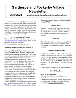 Garthorpe and Fockerby Village Newsletter July 2021 Email Me at Garthorpefockerbynews@Gmail.Com