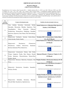 OBWIESZCZENIE Burmistrza Błaszek Z Dnia 10 Czerwca 2020 Roku