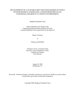 Development of a Suitable Diet for Endangered Juvenile Oyster Mussels, Epioblasma Capsaeformis (Bivalvia: Unionidae), Reared in a Captive Environment