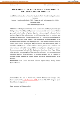 Asynchroneity of Maximum Glacier Advances in the Central Spanish Pyrenees