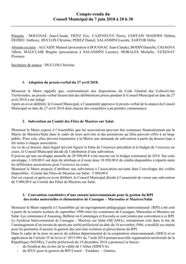 Compte-Rendu Du Conseil Municipal Du 7 Juin 2018 À 20 H 30