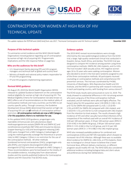 Contraception for Women at High Risk of Hiv Technical Update