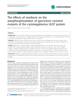 The Effects of Maribavir on the Autophosphorylation of Ganciclovir Resistant Mutants of the Cytomegalovirus UL97 Protein Claire D Shannon-Lowe, Vincent C Emery*