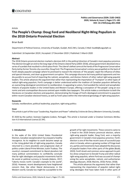 Doug Ford and Neoliberal Right-Wing Populism in the 2018 Ontario Provincial Election