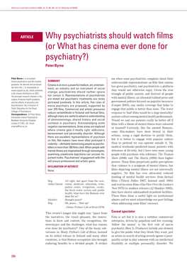 Why Psychiatrists Should Watch Films (Or What Has Cinema Ever Done for Psychiatry?) Peter Byrne