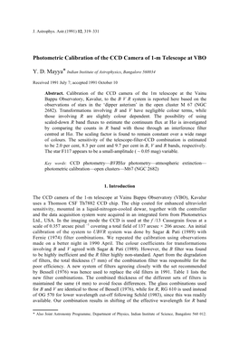 Photometric Calibration of the CCD Camera of 1-M Telescope at VBO